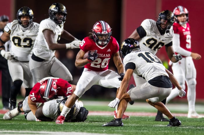 Indiana's Josh Henderson (26) runs during the second half of the Indiana versus Purdue football game at Memorial Stadium on Saturday, Nov. 26, 2022.